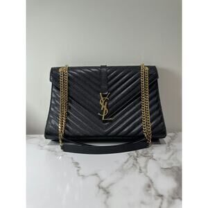 SaintLaurent Black Chevron Quilted Leather Envelope Chain Bag with Gold Hardware